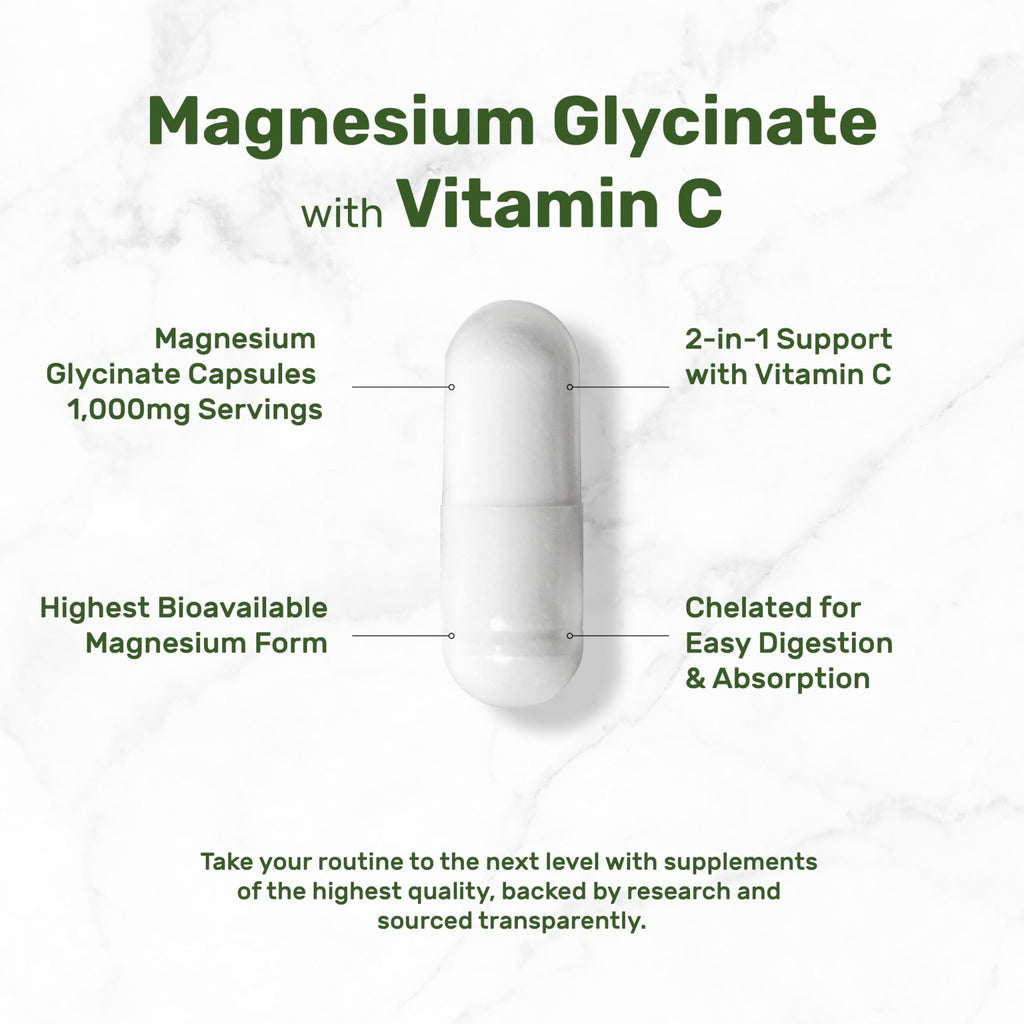 Magnesium Glycinate 500mg Per Capsule (1000mg Per Serving) Plus Vitamin C, 240 Capsules – 100% Chelated for Easy Absorption – Essential Mineral Supplement - FENGGESTORE20