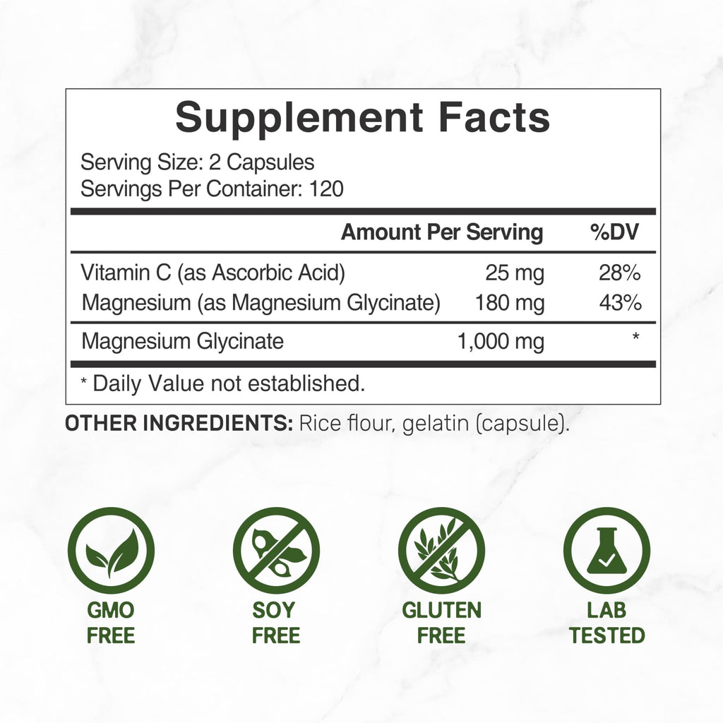 Magnesium Glycinate 500mg Per Capsule (1000mg Per Serving) Plus Vitamin C, 240 Capsules – 100% Chelated for Easy Absorption – Essential Mineral Supplement - FENGGESTORE20