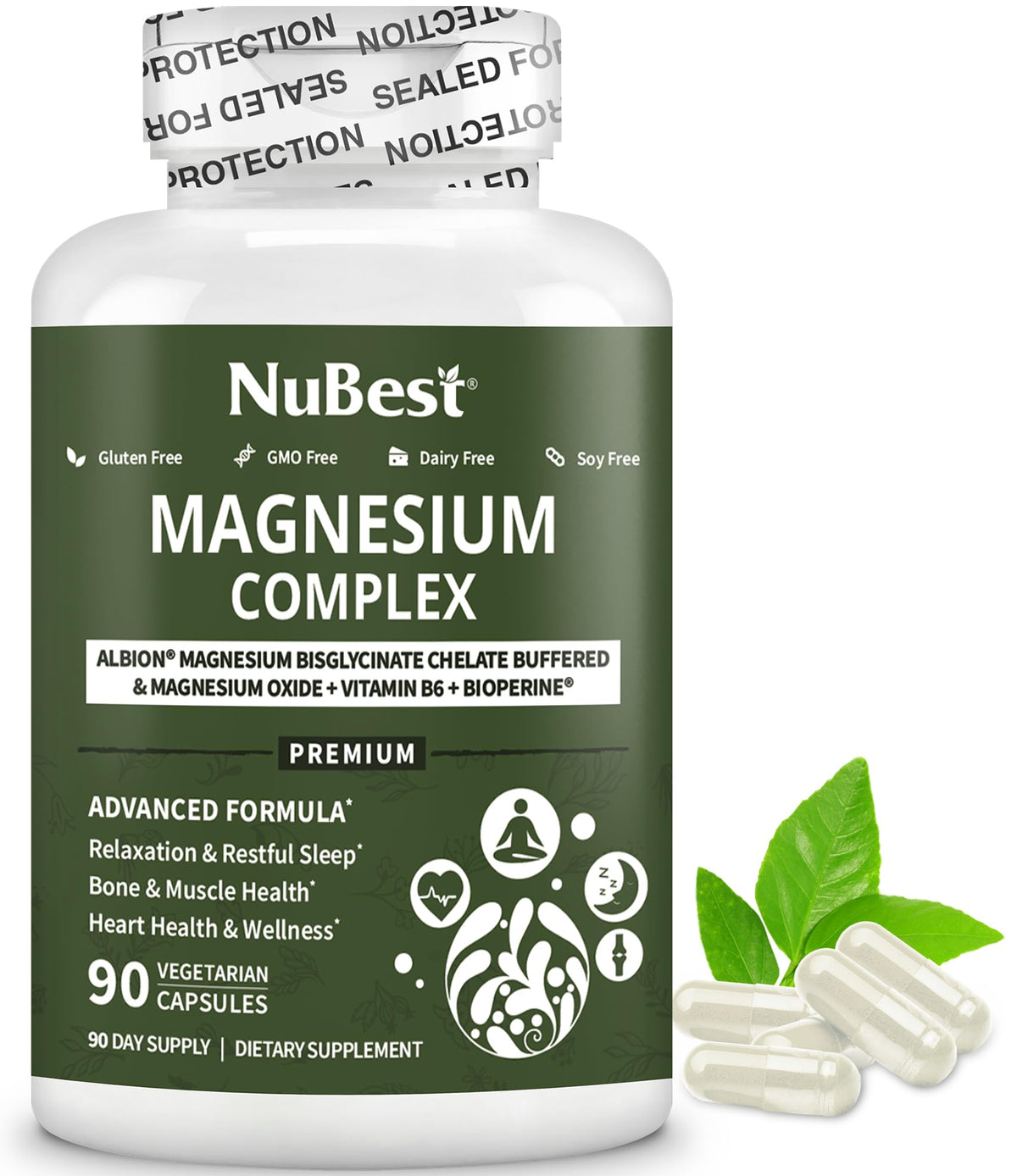 Magnesium Glycinate Chelate Complex with Albion Magnesium Bisglycinate Chelate, Vitamin B6 & BioPerine for Bone, Muscle, Natural Sleep, Nerve Function, Brain Booster | 3 Months Supply - FENGGESTORE20