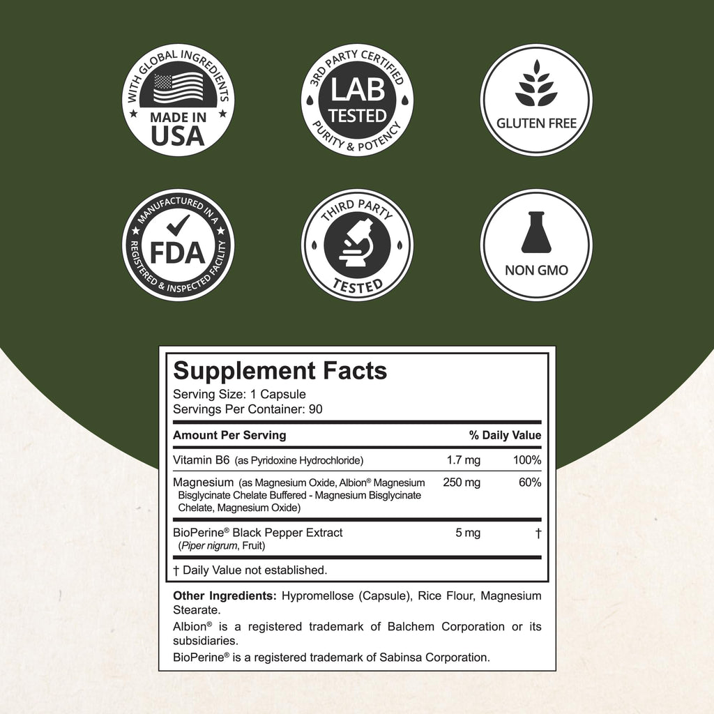 Magnesium Glycinate Chelate Complex with Albion Magnesium Bisglycinate Chelate, Vitamin B6 & BioPerine for Bone, Muscle, Natural Sleep, Nerve Function, Brain Booster | 3 Months Supply - FENGGESTORE20