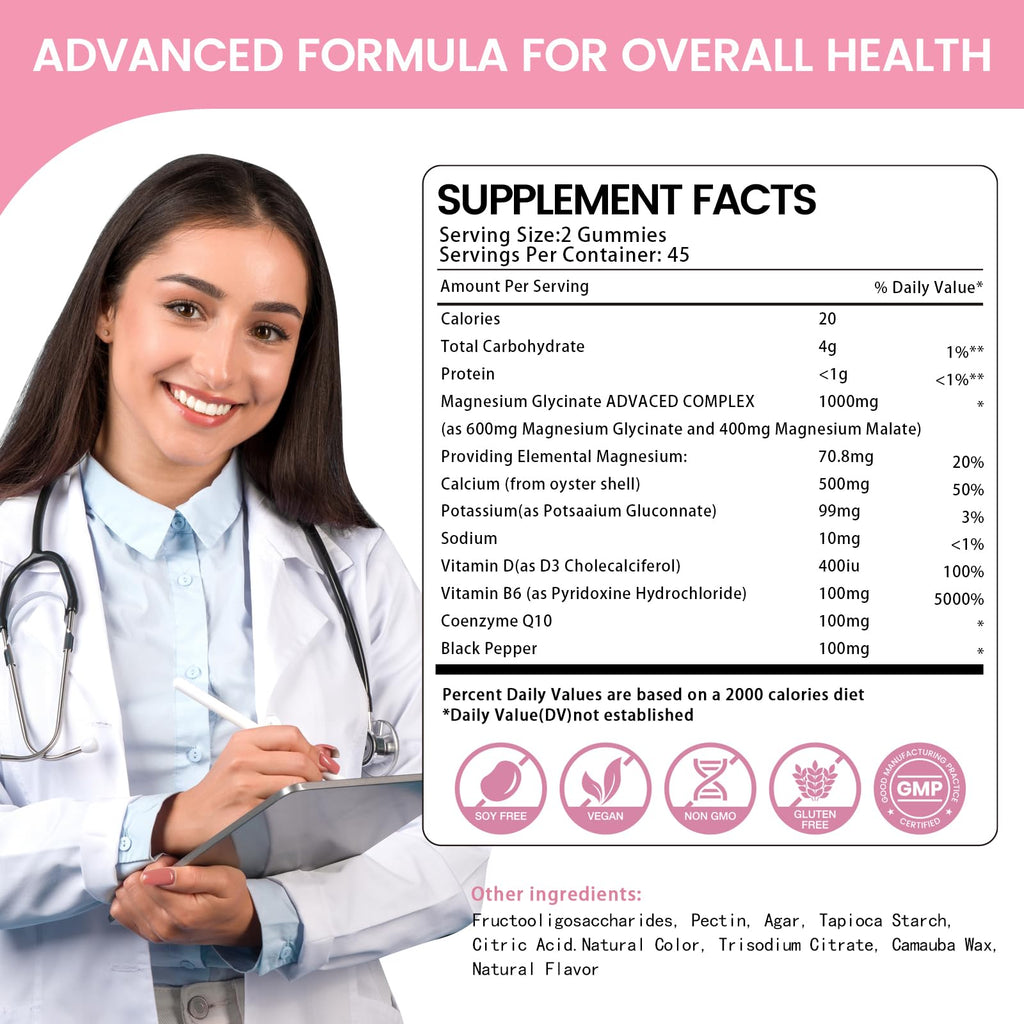 Magnesium Glycinate Gummies 1000mg, High Absorption Sugar Free Magnesium Potassium Supplement for Relaxation - FENGGESTORE20
