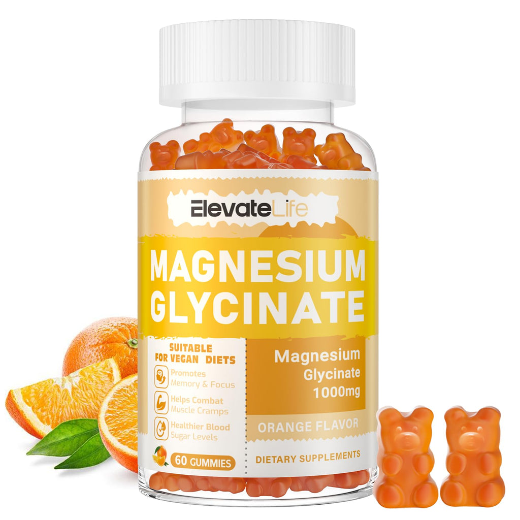 Magnesium Glycinate Gummies 1000mg - Sugar Free Magnesium Potassium Supplement with Vitamin D, B6, CoQ10 for Calm Mood & Sleep Support - 60 Orange Gummies - FENGGESTORE20