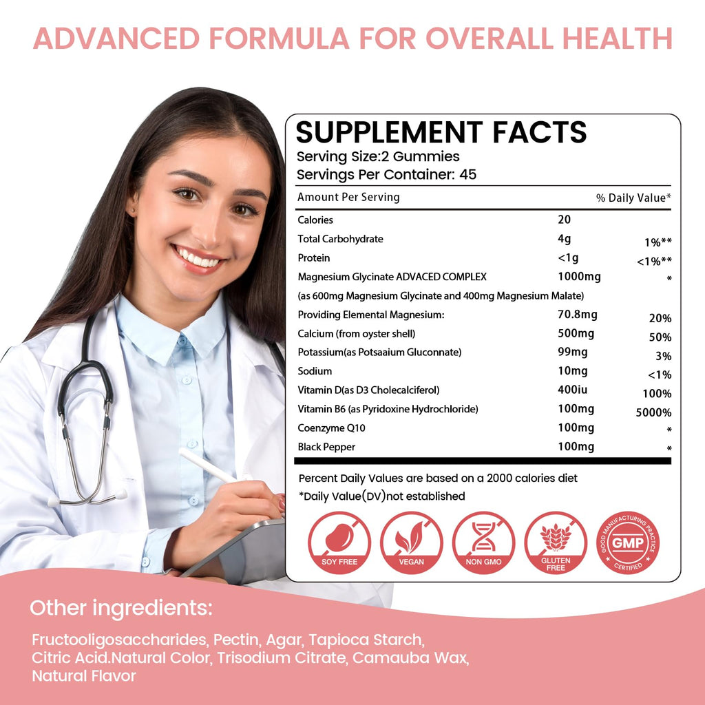 Magnesium Glycinate Gummies 1000mg, Sugar Free Magnesium Potassium Supplements Chewable for Adults with L-Threonate for Sleep - FENGGESTORE20