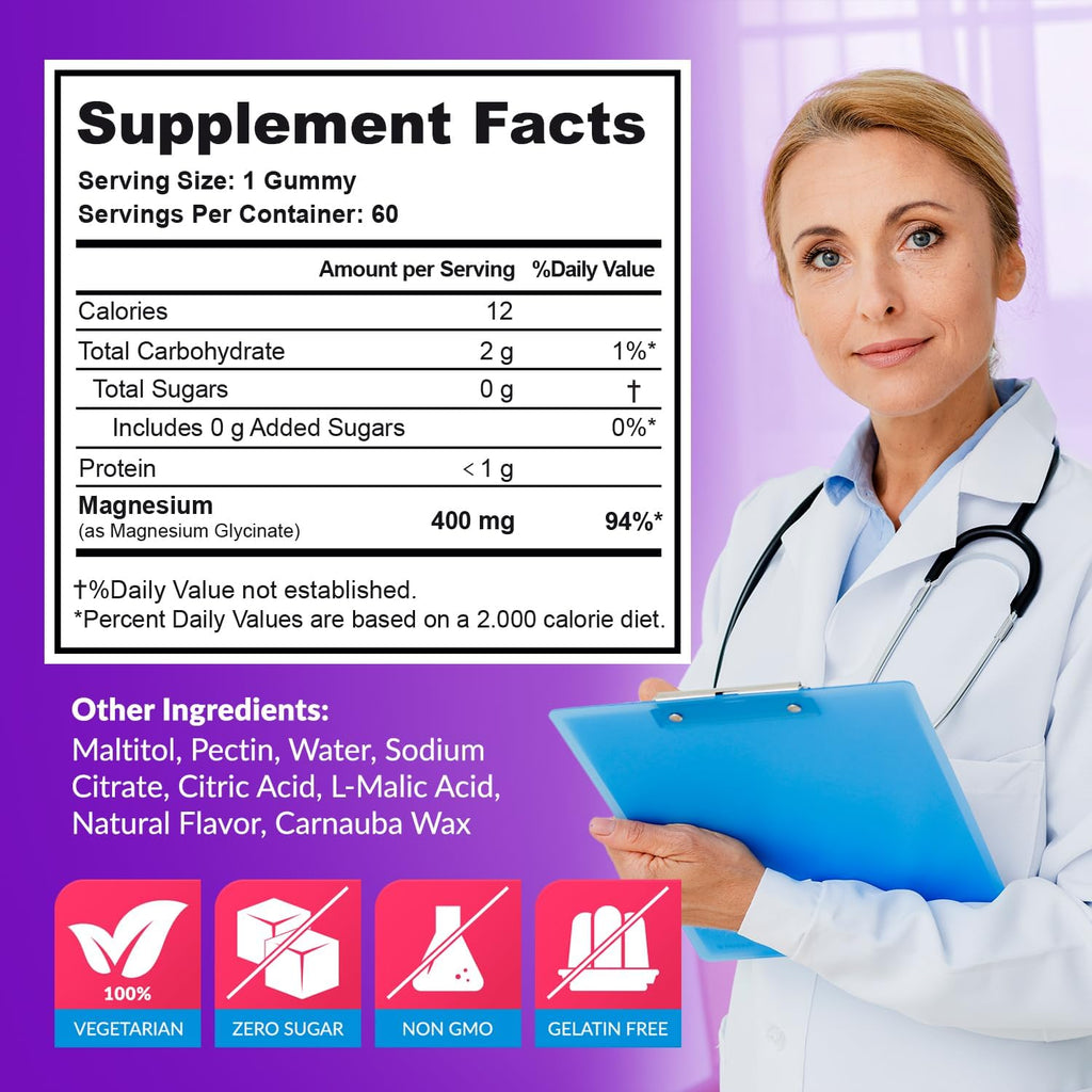 Magnesium Glycinate Gummies 400mg, Muscle Support and Relaxation, Magnesium Supplement for Women, Men and Kids, High Absorption, Sugar Free, - FENGGESTORE20
