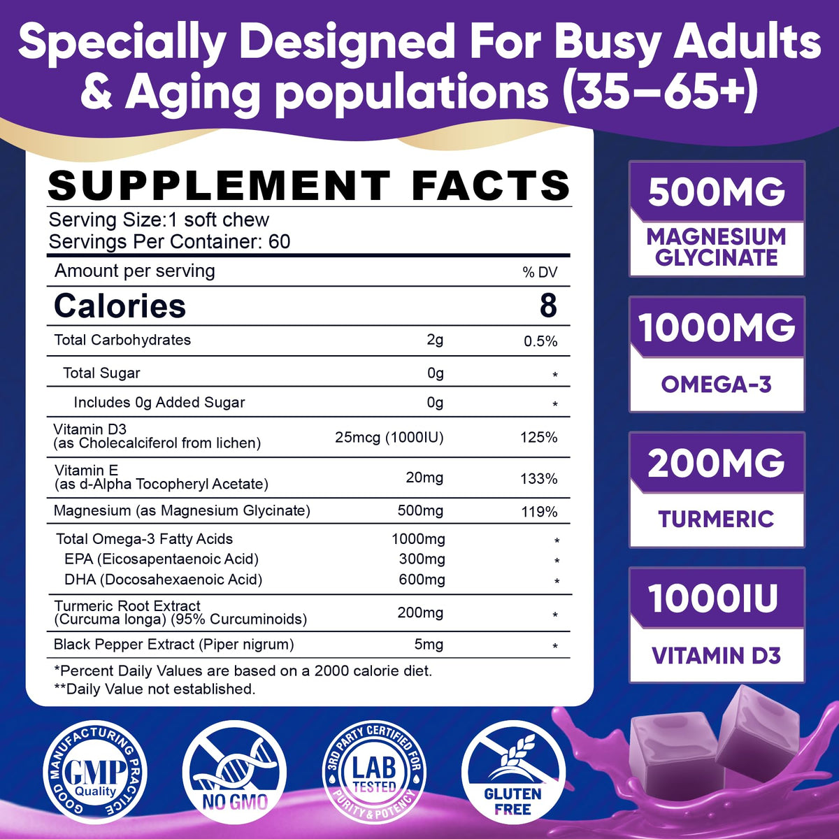 Magnesium Glycinate Gummies 500mg - Magnesium with Omega-3, Turmeric, Vitamin D3 & E | Magnesium Glycinate Soft Chews for Adults | for Sleep, Muscle & Brain | 60 Counts - FENGGESTORE20