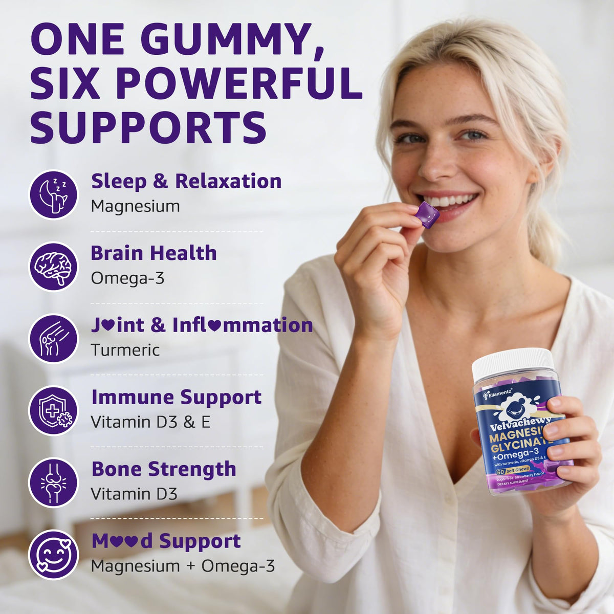 Magnesium Glycinate Gummies 500mg - Magnesium with Omega-3, Turmeric, Vitamin D3 & E | Magnesium Glycinate Soft Chews for Adults | for Sleep, Muscle & Brain | 60 Counts - FENGGESTORE20