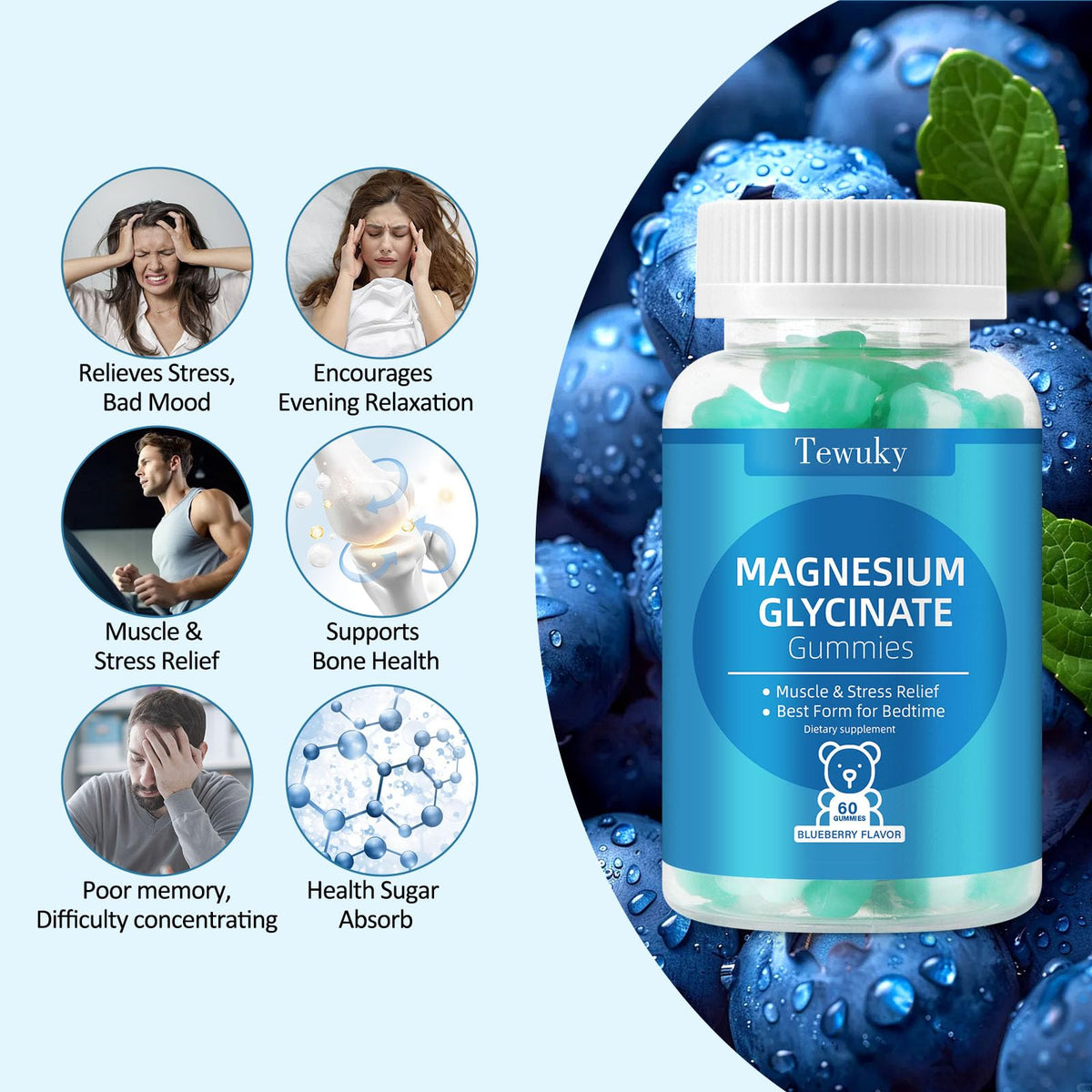 Magnesium Glycinate Gummies 500mg, Sugar-Free for Adults & Kids, Magnesium Gummies for Sleep, Stress & Muscle Relief, Supports Bone & Nerve Health, Vegan, Pectin-Based, 60 Count, Blueberry Flavor - FENGGESTORE20