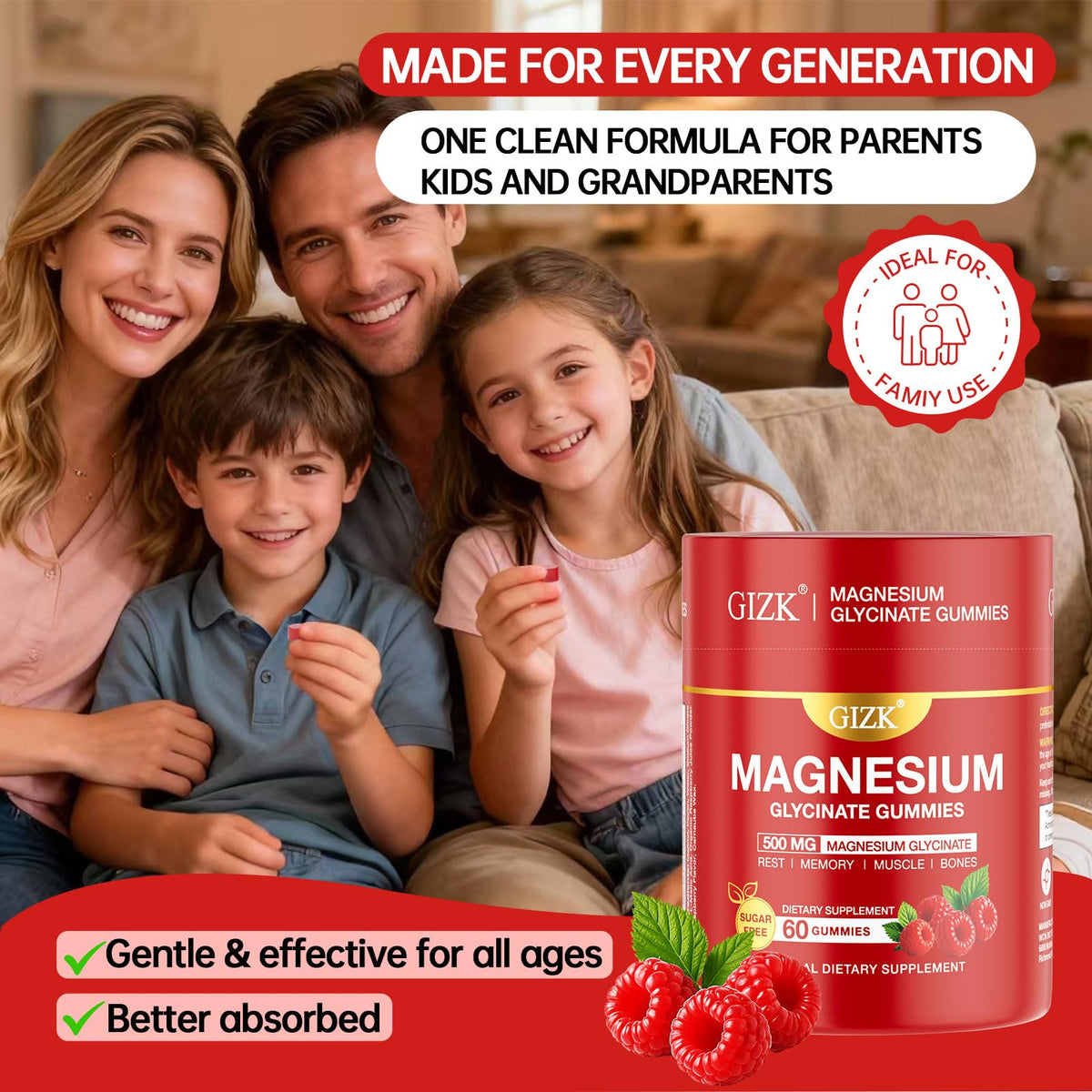 Magnesium Glycinate Gummies 500mg – Sugar Free Magnesium Gummies for Sleep, Stress, Muscle & Nerve Support – for Adults & Kids 4+, Vegan, No Melatonin (Raspberry Flavor, 60 Count) - FENGGESTORE20