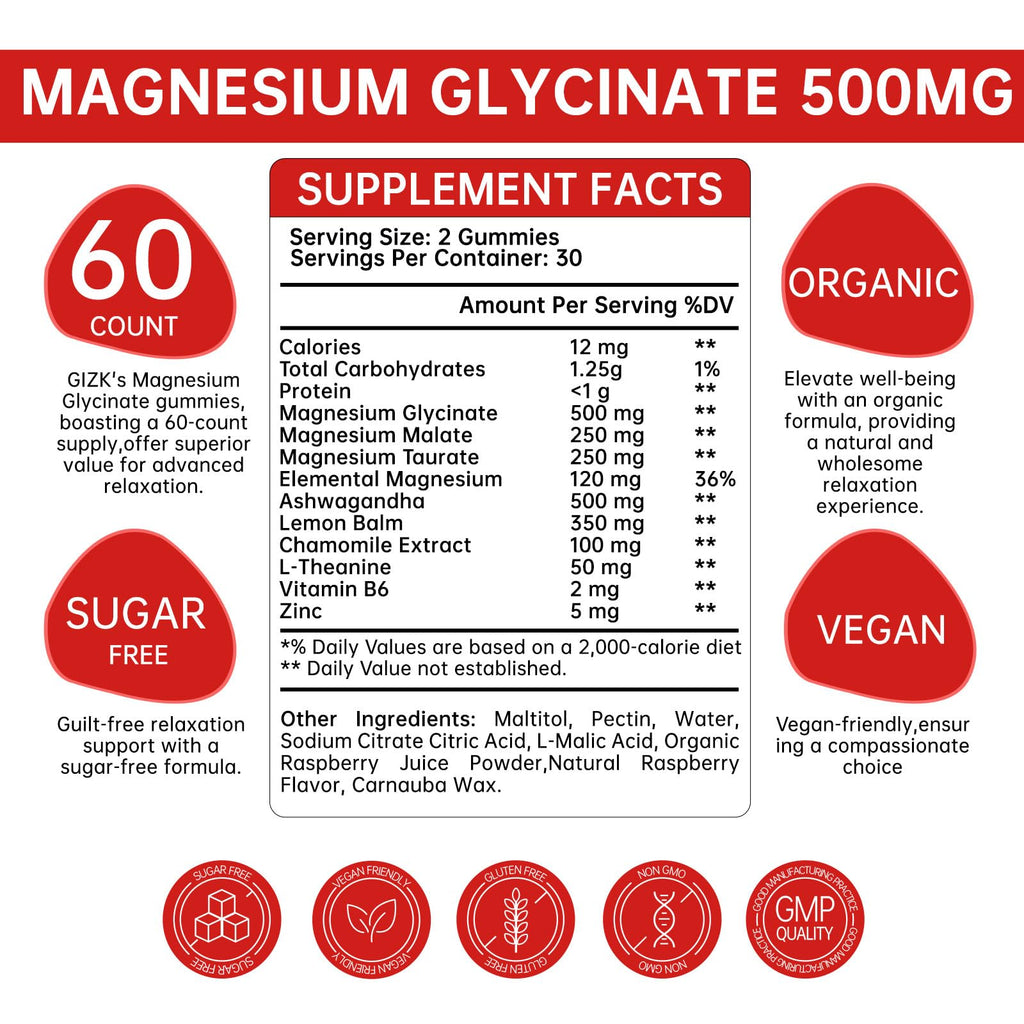 Magnesium Glycinate Gummies 500mg – Sugar Free Magnesium Gummies for Sleep, Stress, Muscle & Nerve Support – for Adults & Kids 4+, Vegan, No Melatonin (Raspberry Flavor, 60 Count) - FENGGESTORE20