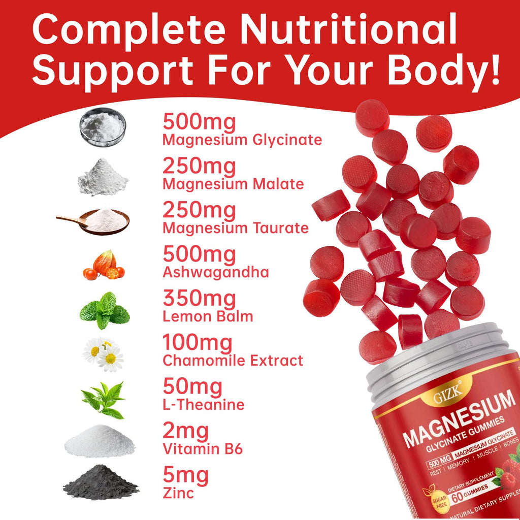Magnesium Glycinate Gummies 500mg – Sugar Free Magnesium Gummies for Sleep, Stress, Muscle & Nerve Support – for Adults & Kids 4+, Vegan, No Melatonin (Raspberry Flavor, 60 Count) - FENGGESTORE20