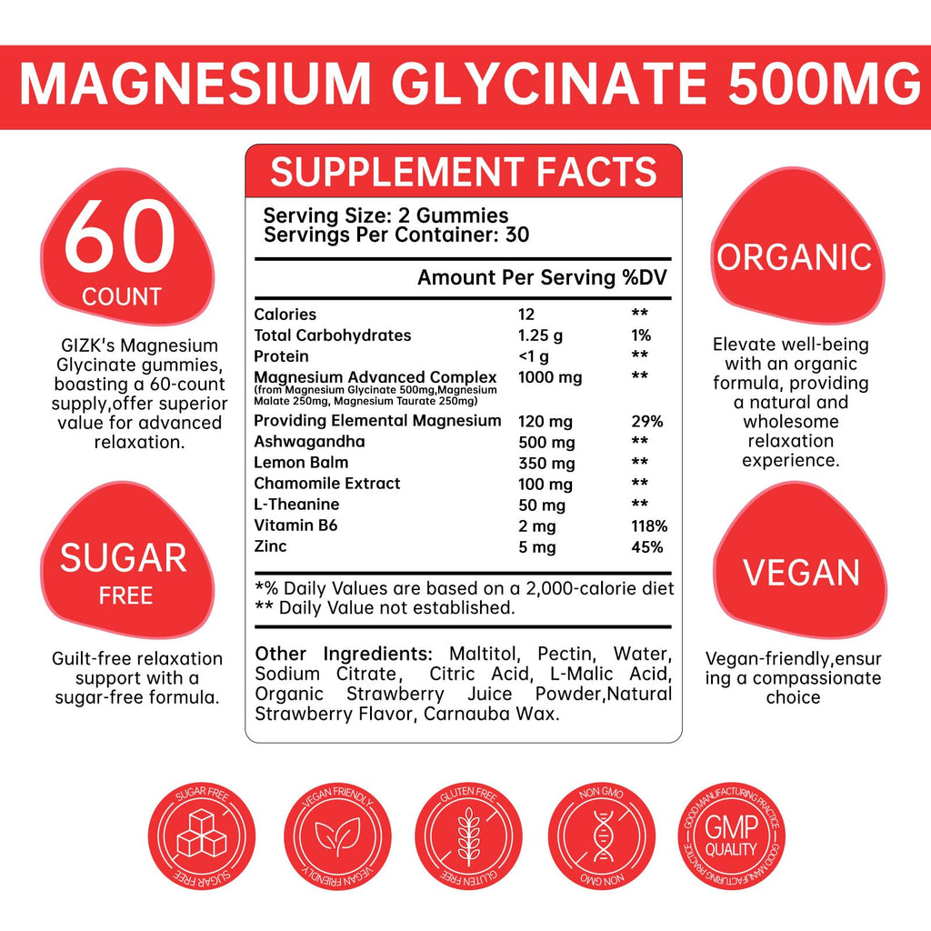 Magnesium Glycinate Gummies 500mg – Sugar Free Magnesium Gummies with L-Theanine - Sleep, Calm, Stress Relief for Adults & Kids 4+ - FENGGESTORE20