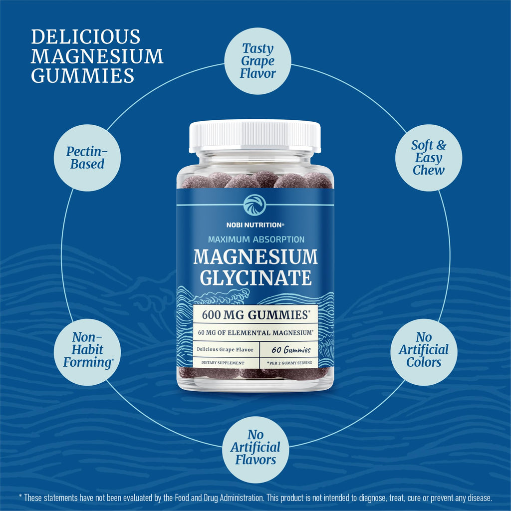 Magnesium Glycinate Gummies 600MG | Sleep, Calm & Relaxation Support | 60MG Elemental Mag Per Serving | Grape Flavor, Gluten-Free | High Absorption Magnesium Gummies for Women, Men & Family | 60 Ct - FENGGESTORE20