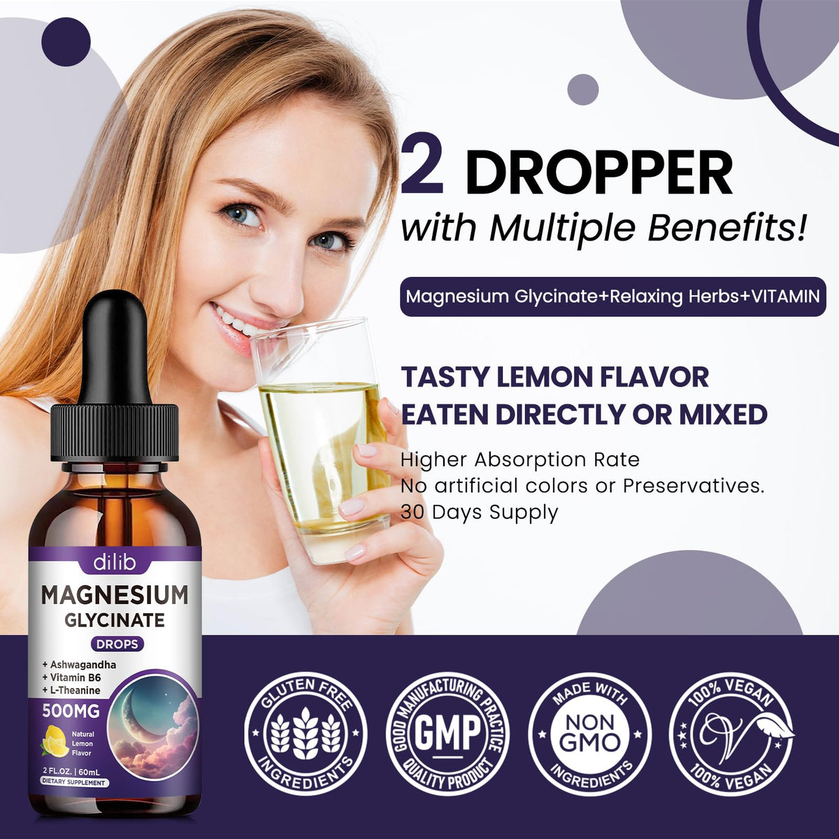 Magnesium Glycinate Supplement, Magnesium Liquid Drops with Magnesium Glycinate 500mg Vitamin B6, Ashwagandha, L - Theanine, Chamomile -Support Stress Relief, Bone, Muscle, Mood Vegan - FENGGESTORE20