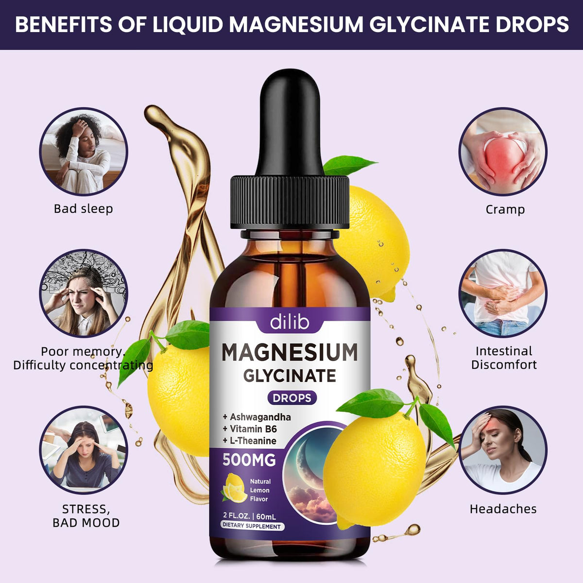 Magnesium Glycinate Supplement, Magnesium Liquid Drops with Magnesium Glycinate 500mg Vitamin B6, Ashwagandha, L - Theanine, Chamomile -Support Stress Relief, Bone, Muscle, Mood Vegan - FENGGESTORE20