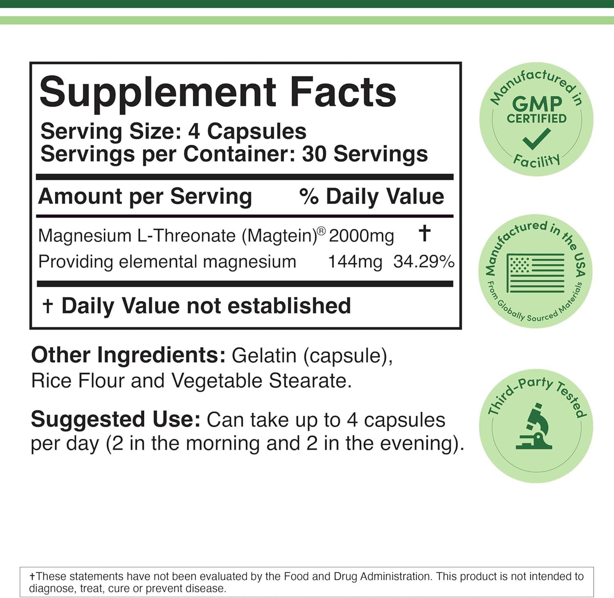 Magnesium L Threonate, Magtein - NSF Certified - Sleep and Cognitive Support – High Absorption – Most Bioavailable Form of Magnesium – 2,000 mg – 120 Capsules - FENGGESTORE20