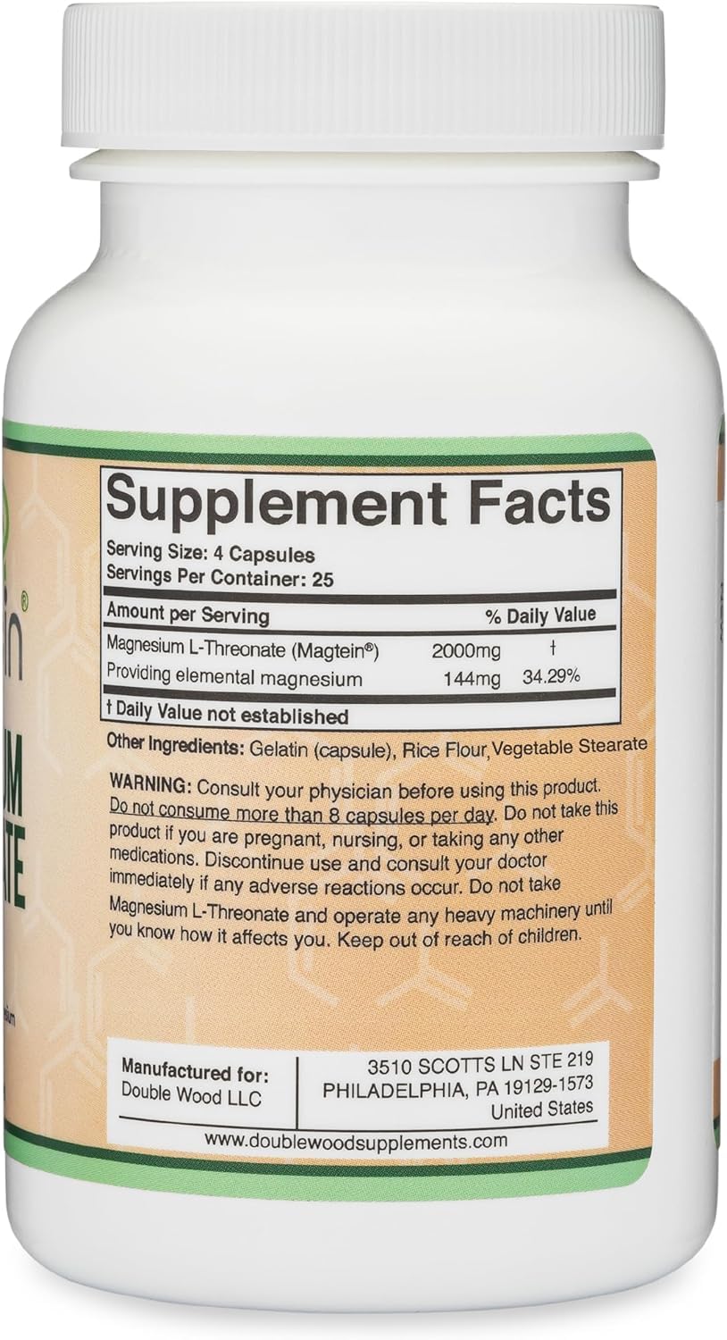 Magnesium L Threonate, Magtein - NSF Certified - Sleep and Cognitive Support – High Absorption – Most Bioavailable Form of Magnesium – 2,000 mg – 120 Capsules - FENGGESTORE20