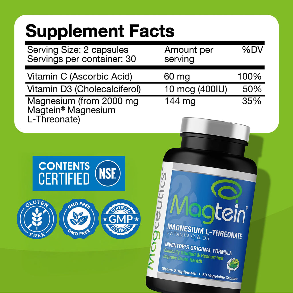 Magtein - Magnesium L-Threonate Supplement, Memory, Focus, Sleep & Brain Health Formula for Men & Women, Cognitive Support for Adults - FENGGESTORE20