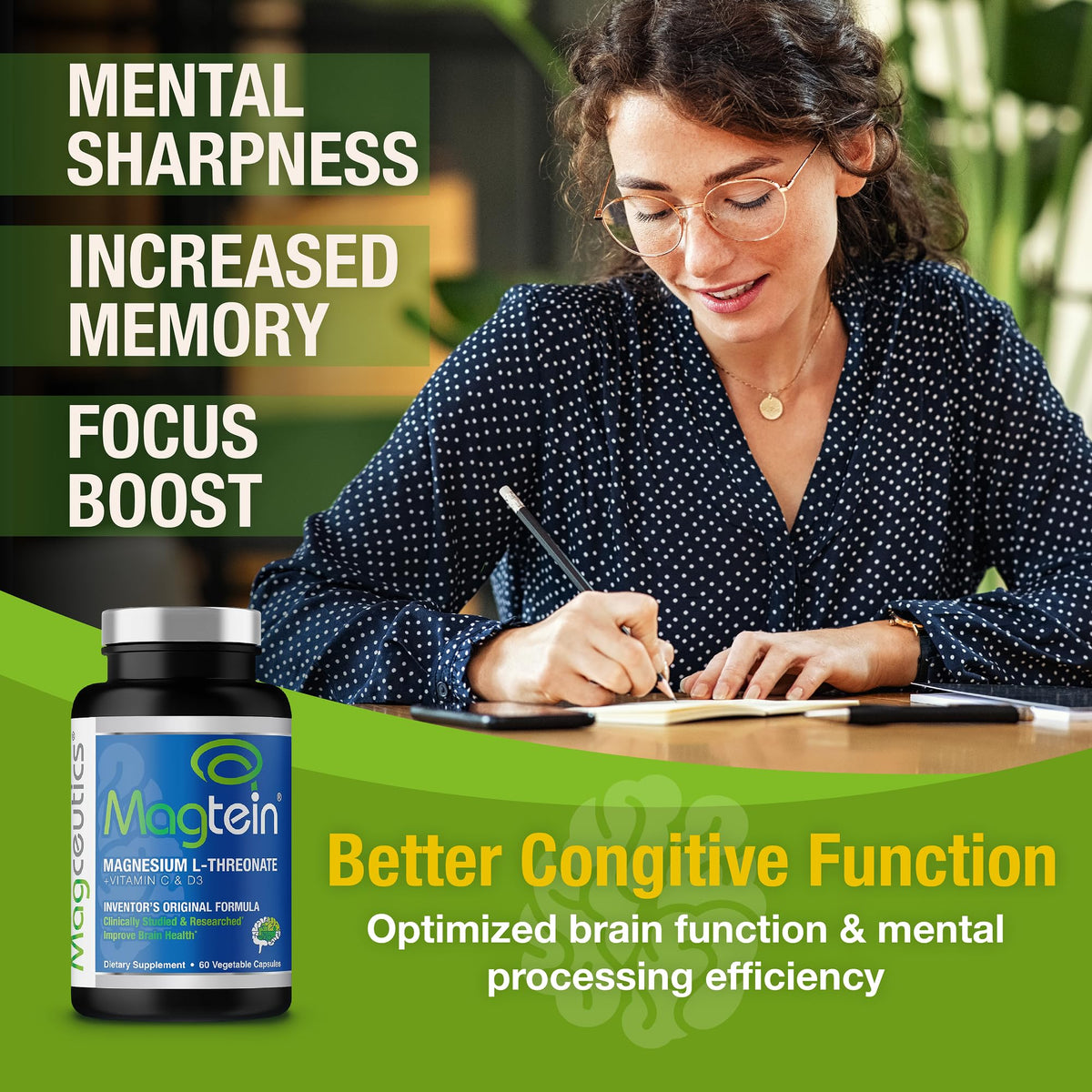 Magtein - Magnesium L-Threonate Supplement, Memory, Focus, Sleep & Brain Health Formula for Men & Women, Cognitive Support for Adults - FENGGESTORE20