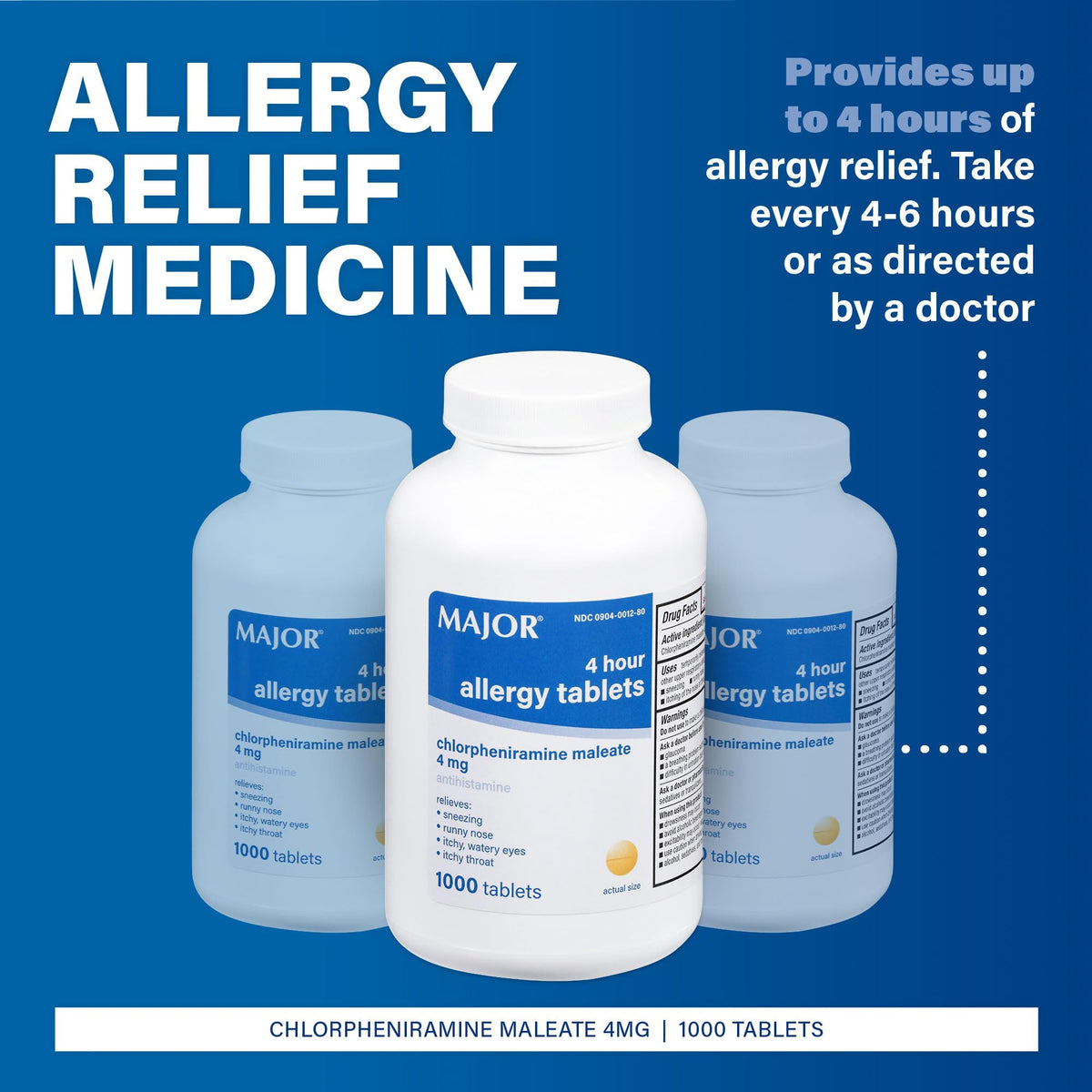 MAJOR 4 Hour Allergy Tablets - Chlorpheniramine Maleate - 4 mg - Antihistamine - 1000 Count (1 Pack) - FENGGESTORE20