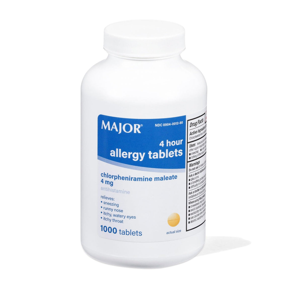 MAJOR 4 Hour Allergy Tablets - Chlorpheniramine Maleate - 4 mg - Antihistamine - 1000 Count (1 Pack) - FENGGESTORE20