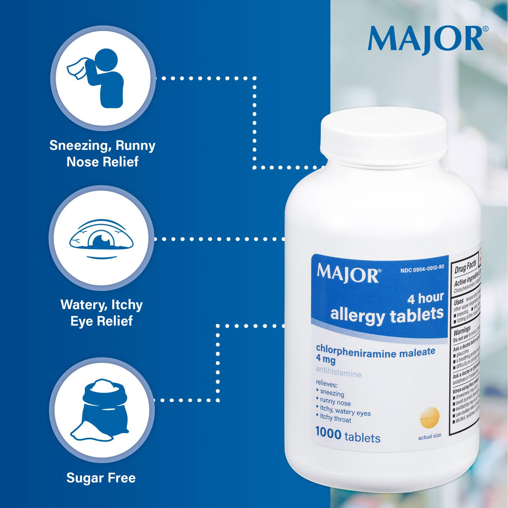 MAJOR 4 Hour Allergy Tablets - Chlorpheniramine Maleate - 4 mg - Antihistamine - 1000 Count (1 Pack) - FENGGESTORE20