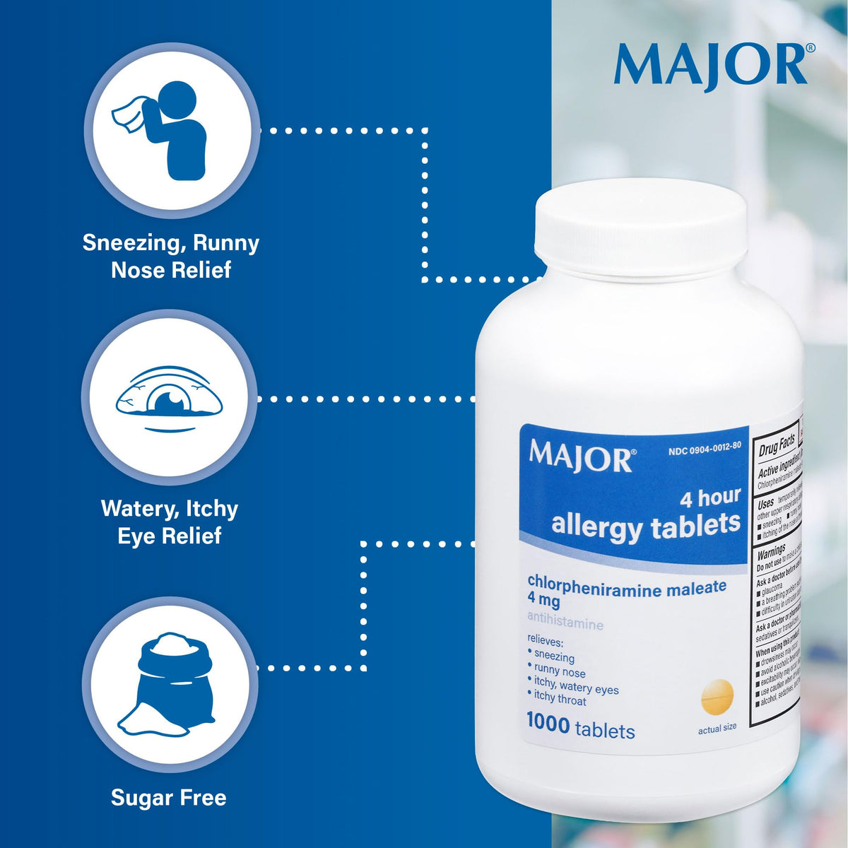 MAJOR 4 Hour Allergy Tablets - Chlorpheniramine Maleate - 4 mg - Antihistamine - 1000 Count (1 Pack) - FENGGESTORE20