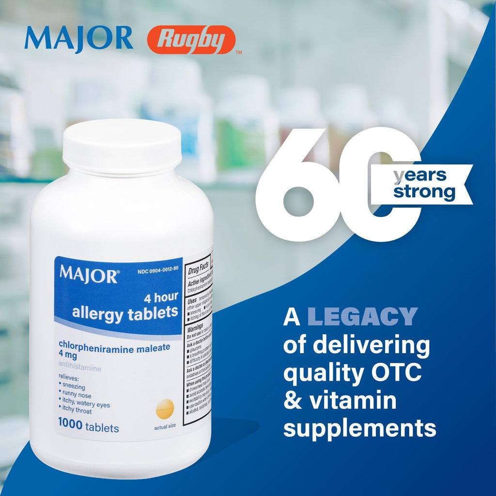MAJOR 4 Hour Allergy Tablets - Chlorpheniramine Maleate - 4 mg - Antihistamine - 1000 Count (1 Pack) - FENGGESTORE20