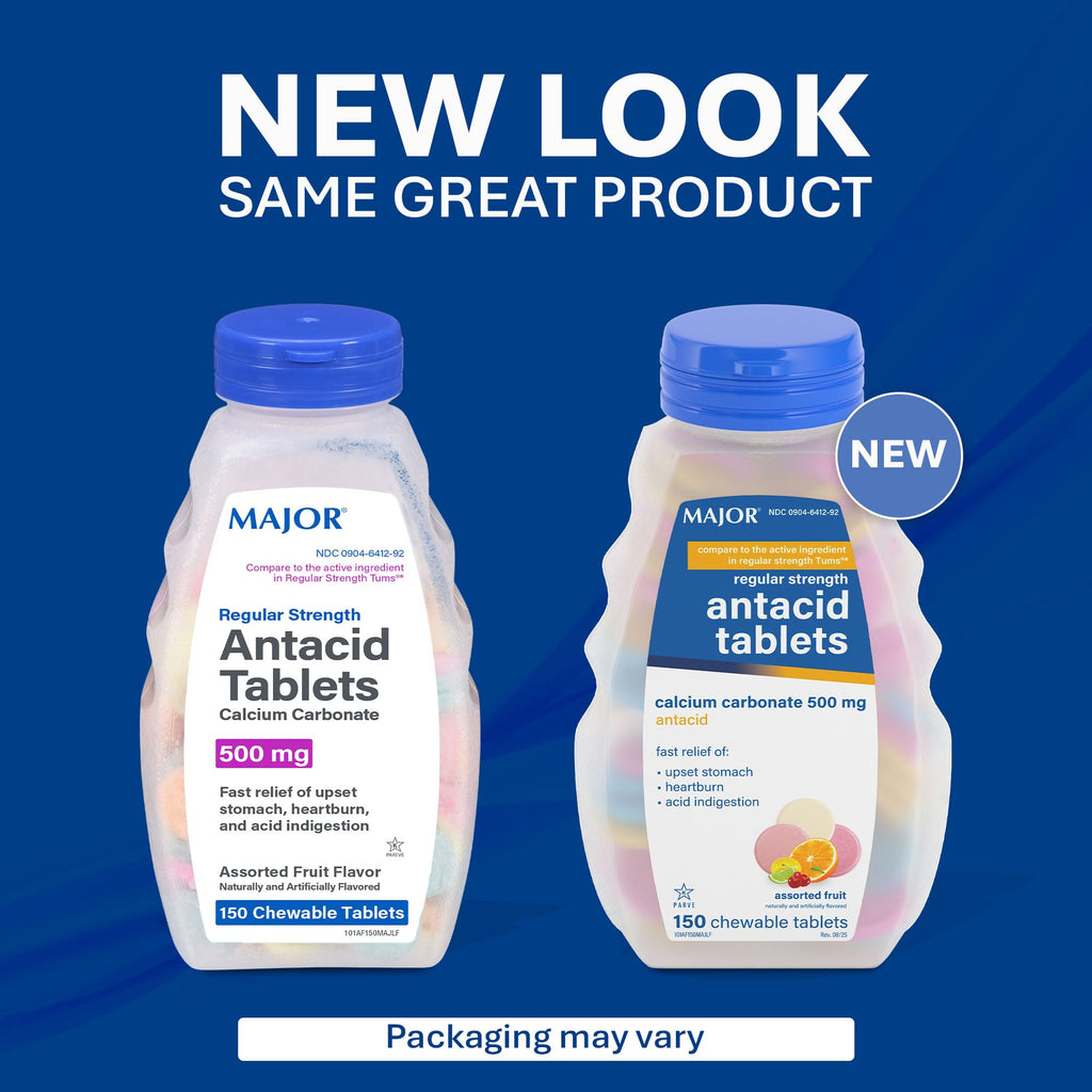 MAJOR Regular Strength Antacid Tablets - Calcium Carbonate 500 mg - Assorted Fruit Flavor - 150 Chewable Count (2 Pack) - FENGGESTORE20