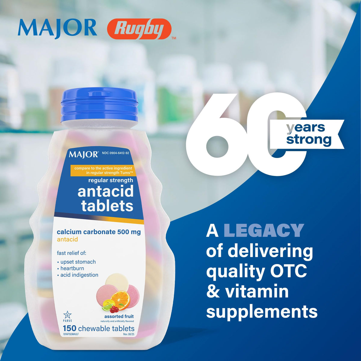MAJOR Regular Strength Antacid Tablets - Calcium Carbonate 500 mg - Assorted Fruit Flavor - 150 Chewable Count (2 Pack) - FENGGESTORE20