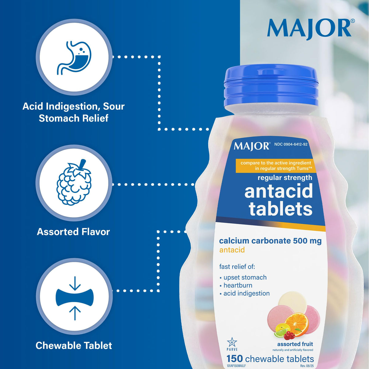 MAJOR Regular Strength Antacid Tablets - Calcium Carbonate 500 mg - Assorted Fruit Flavor - 150 Chewable Count (2 Pack) - FENGGESTORE20