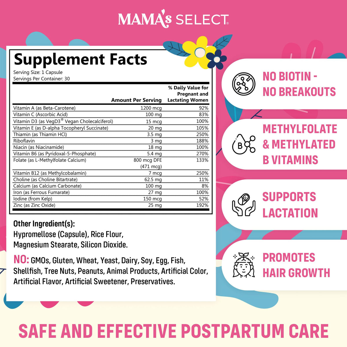 Mama's Select Postnatal Vitamins – Boosts Hair Recovery, Milk Supply, & Wellness – Allergen-Free, Vegan, MTHFR Friendly, Methylated Folate & B Vitamins, - FENGGESTORE20