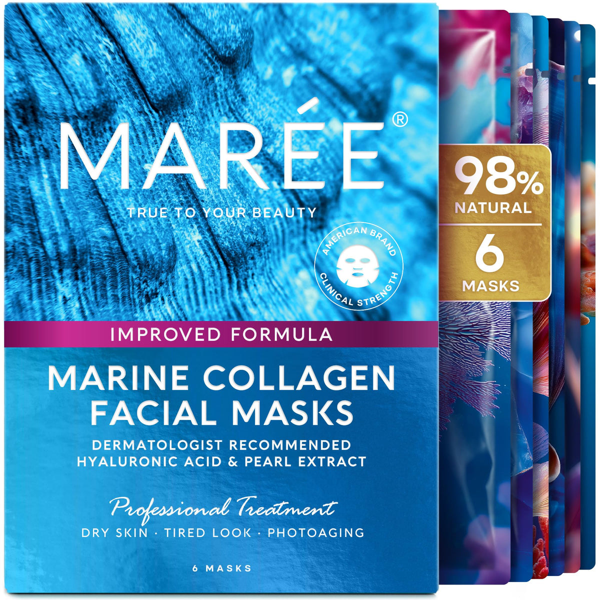 MAREE Collagen Facial Mask with Hyaluronic Acid — Sheet Face Mask Skincare — Centella Asiatica, Green & Red Algae Extract - FENGGESTORE20