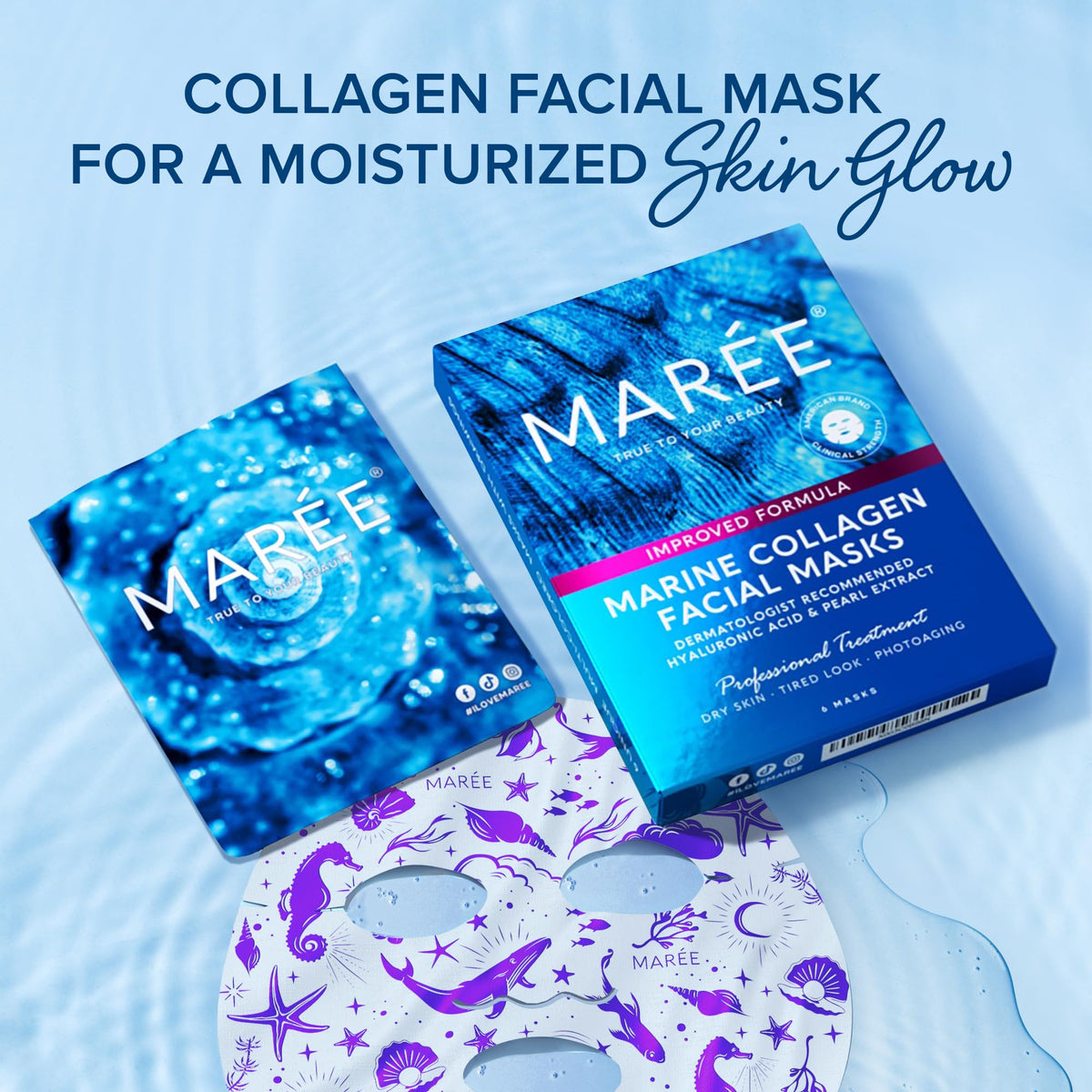MAREE Collagen Facial Mask with Hyaluronic Acid — Sheet Face Mask Skincare — Centella Asiatica, Green & Red Algae Extract - FENGGESTORE20