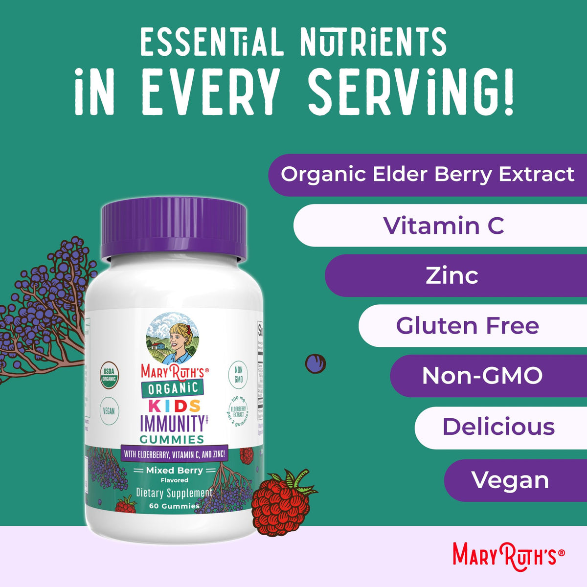 MaryRuth Organics Kids Immune Support Gummies | USDA Organic | Vitamin C, Zinc, and Elderberry Gummies for Kids| Immune Support for Ages 4+ | Vegan - FENGGESTORE20