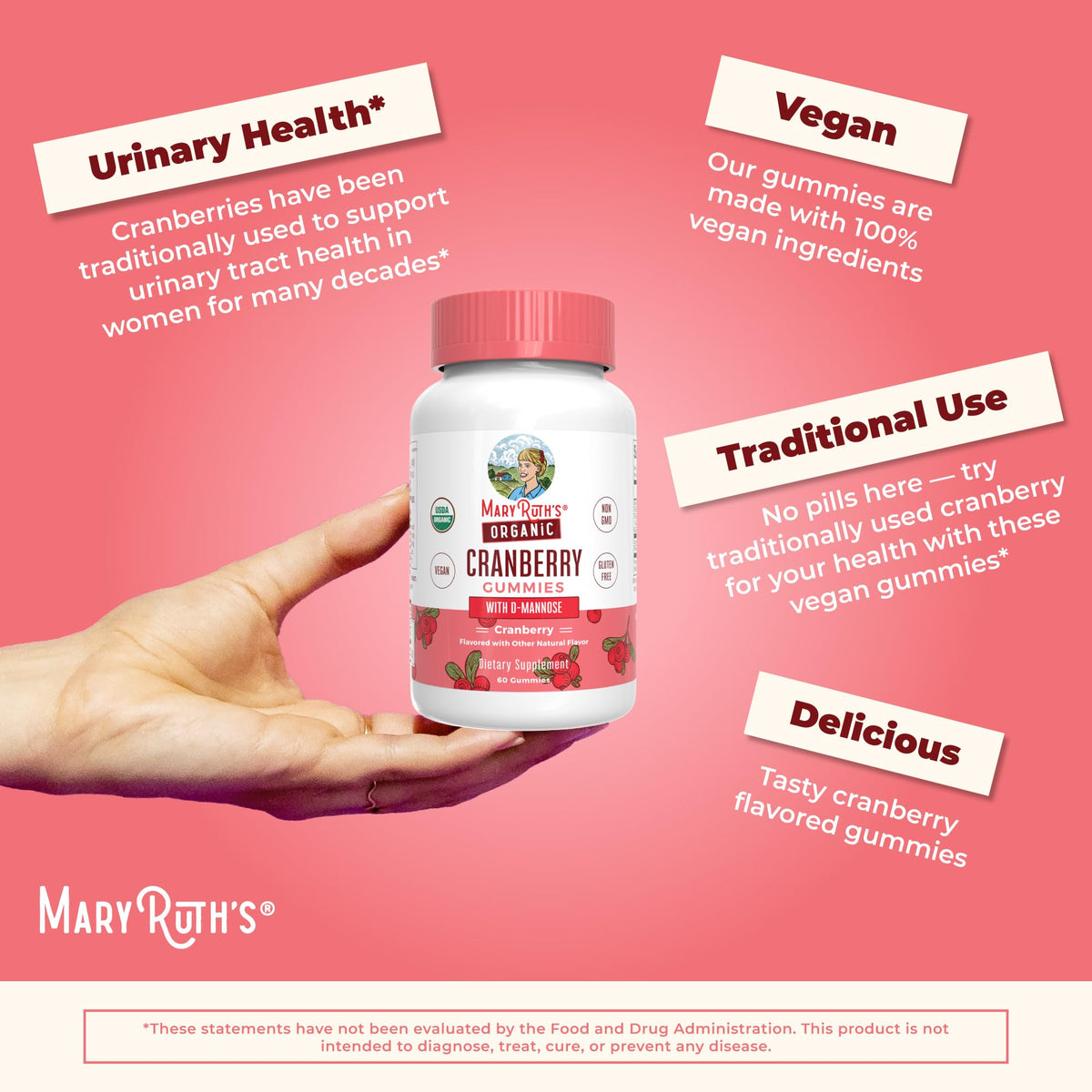 MaryRuth Organics Organic Cranberry Gummies - 500mg Supplement | Urinary Tract Health for Women | with D Mannose | Traditional Use - FENGGESTORE20