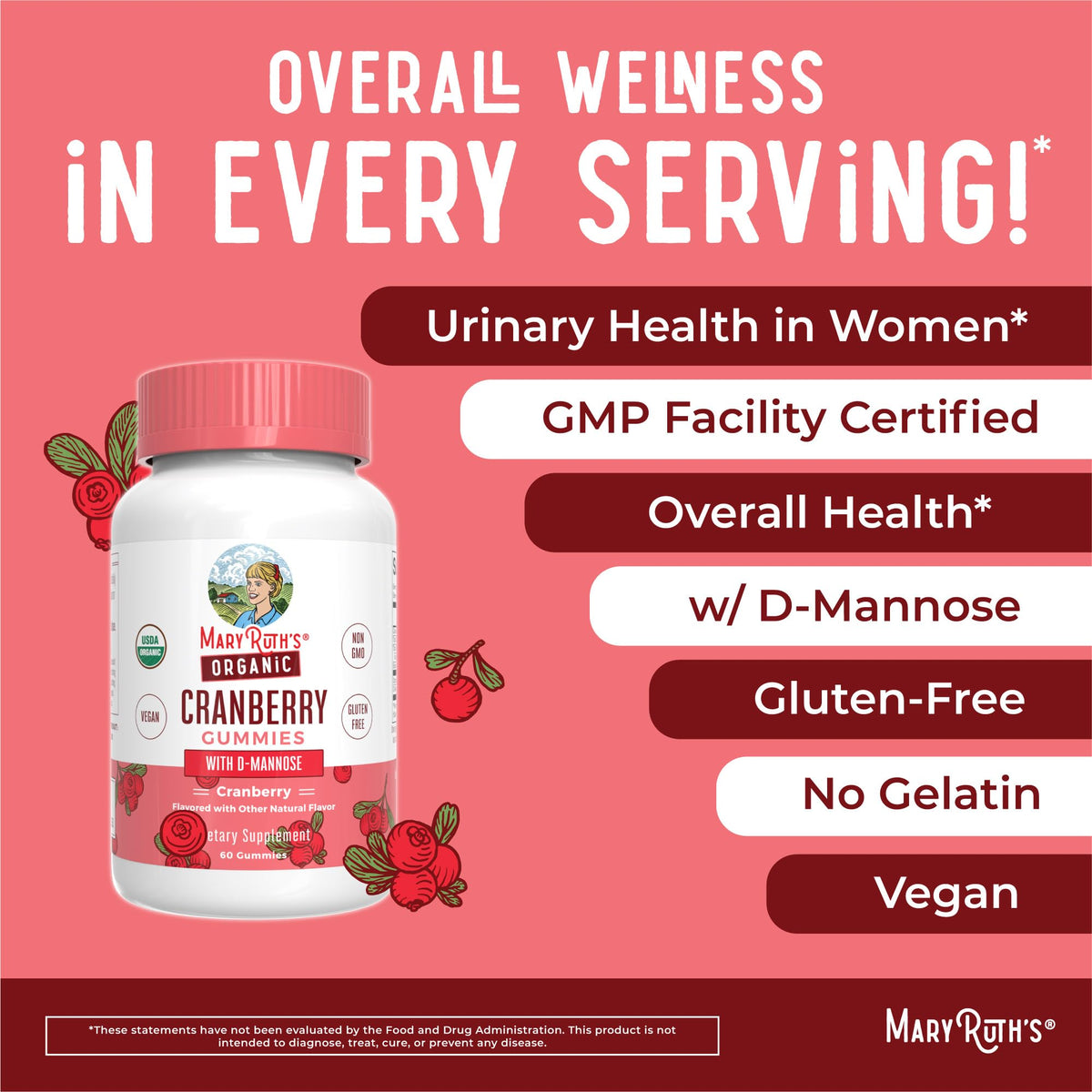 MaryRuth Organics Organic Cranberry Gummies - 500mg Supplement | Urinary Tract Health for Women | with D Mannose | Traditional Use - FENGGESTORE20