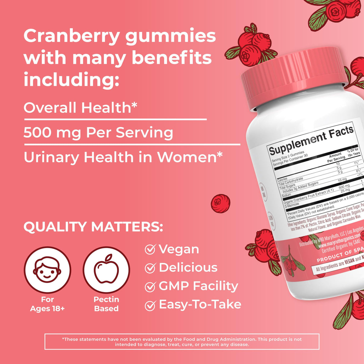 MaryRuth Organics Organic Cranberry Gummies - 500mg Supplement | Urinary Tract Health for Women | with D Mannose | Traditional Use - FENGGESTORE20