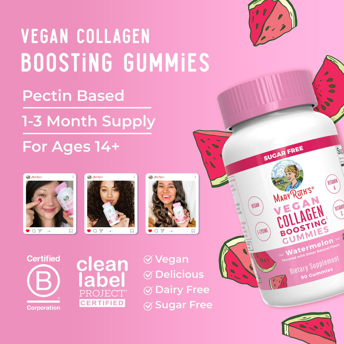 MaryRuth Organics Vegan Collagen for Women & Men, Collagen Boosting Gummies, Skin Care, Lysine, Vitamin C, Vitamin A, Amla, Supplement for Hair & Skin, Vegan, Non-GMO, Gluten Free, 90 Servings - FENGGESTORE20