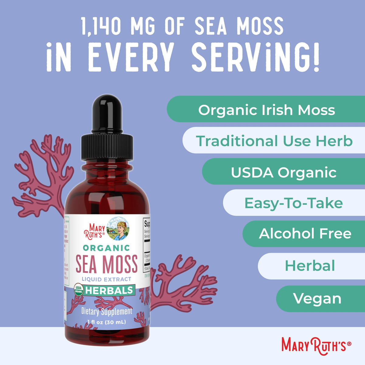 MARYRUTH'S Organic Irish Sea Moss Liquid Drops | Chondrus Crispus | Wild Harvested | Organic Irish Moss Formulated for Adults & Kids Ages 14+ | Unflavored - FENGGESTORE20