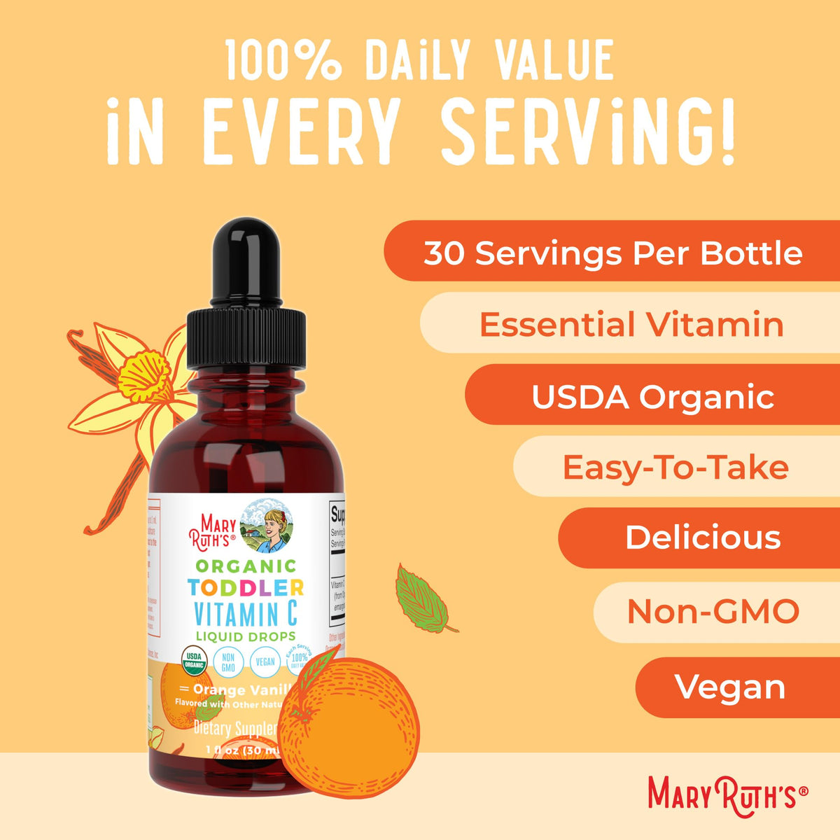 MARYRUTH'S Organic Toddler Vitamin C Drops for Immunity | Ages 1-3 Years | 15 mg Per Serving | Vitamin C for Immune Support & Overall Health | Vegan | Sugar Free - FENGGESTORE20
