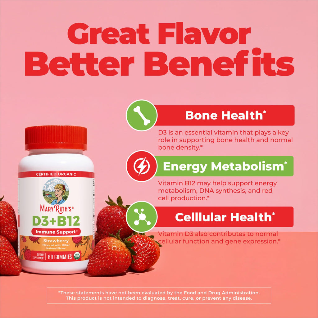 MARYRUTH'S Organic Vitamin D3 + B12 Gummies for Ages 4+ | Bone Health | Immune Support | Energy Metabolism | Cognitive Function | Vegan | Non-GMO - FENGGESTORE20
