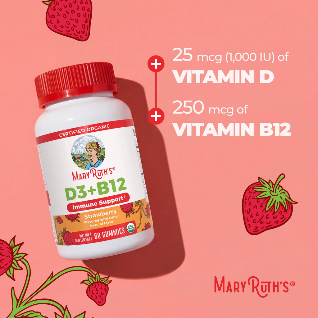 MARYRUTH'S Organic Vitamin D3 + B12 Gummies for Ages 4+ | Bone Health | Immune Support | Energy Metabolism | Cognitive Function | Vegan | Non-GMO - FENGGESTORE20