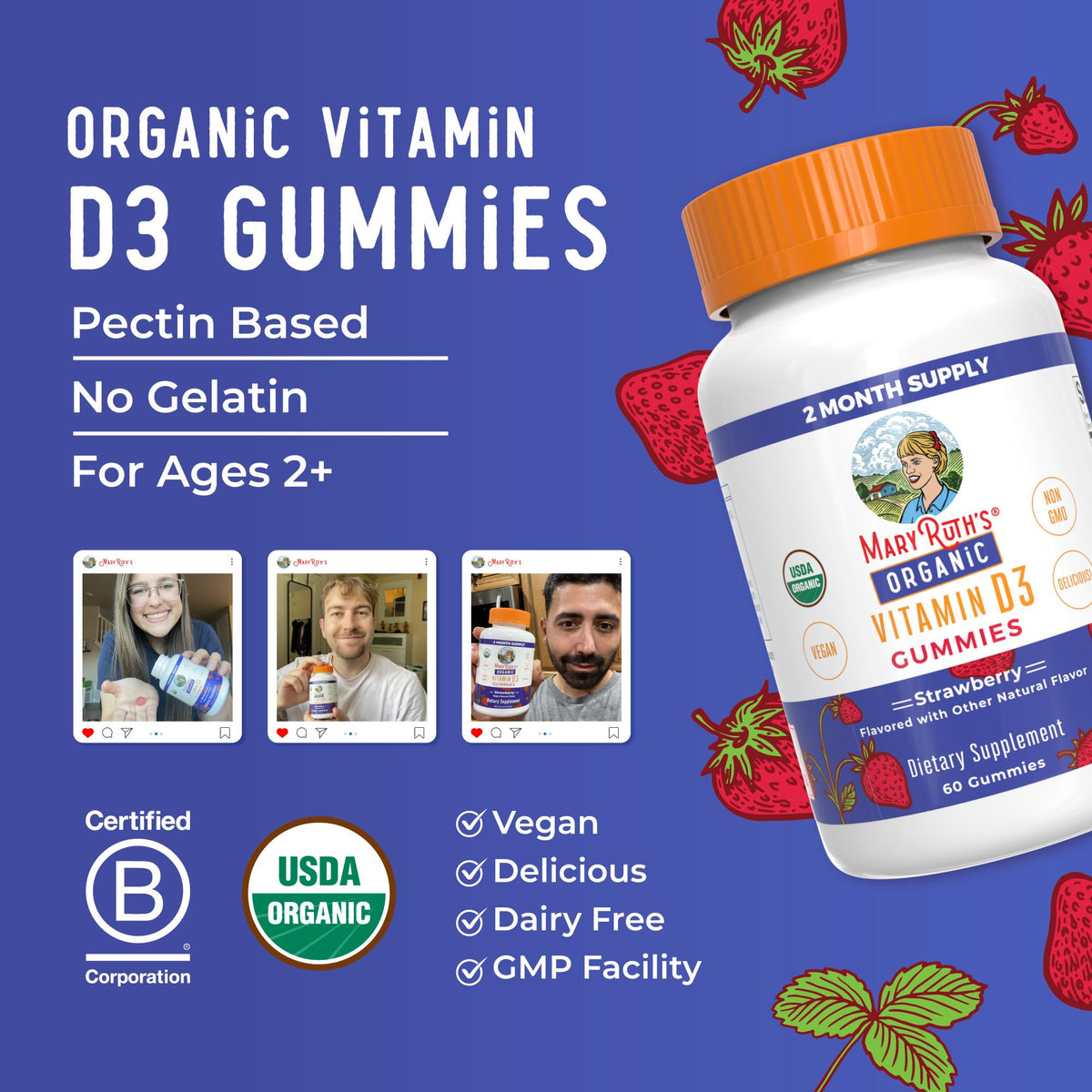 MARYRUTH'S Organic Vitamin D3 Gummies | 1000 IU | USDA Organic | Immune Support| Bone Health | Muscle Function | for Adults & Kids Ages 2+ - FENGGESTORE20