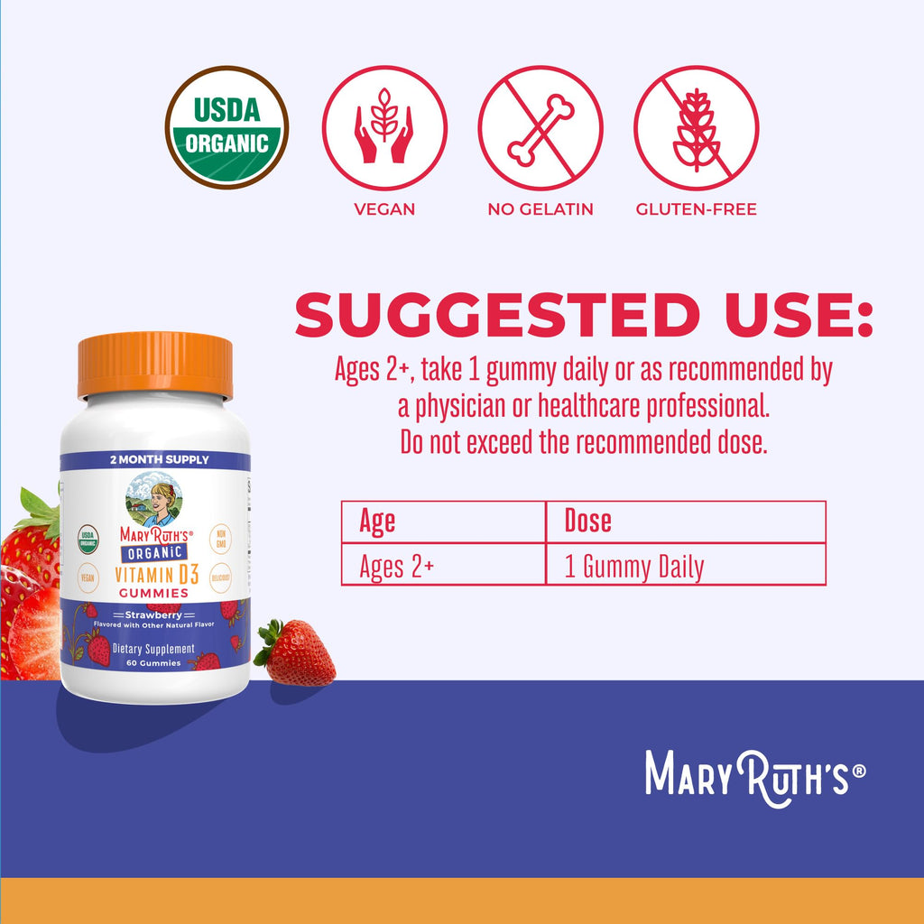 MARYRUTH'S Organic Vitamin D3 Gummies | 1000 IU | USDA Organic | Immune Support| Bone Health | Muscle Function | for Adults & Kids Ages 2+ - FENGGESTORE20