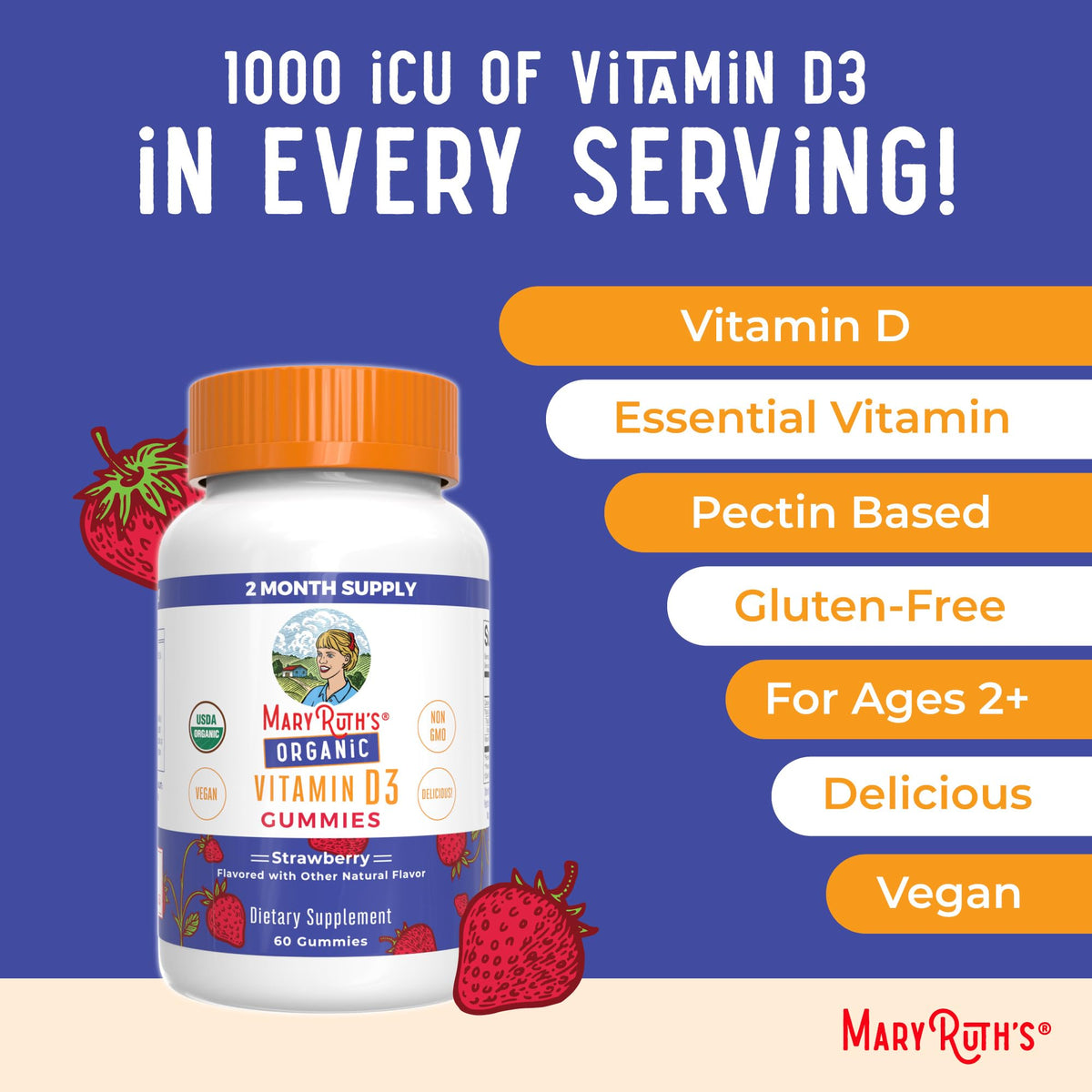 MARYRUTH'S Organic Vitamin D3 Gummies | 1000 IU | USDA Organic | Immune Support| Bone Health | Muscle Function | for Adults & Kids Ages 2+ - FENGGESTORE20