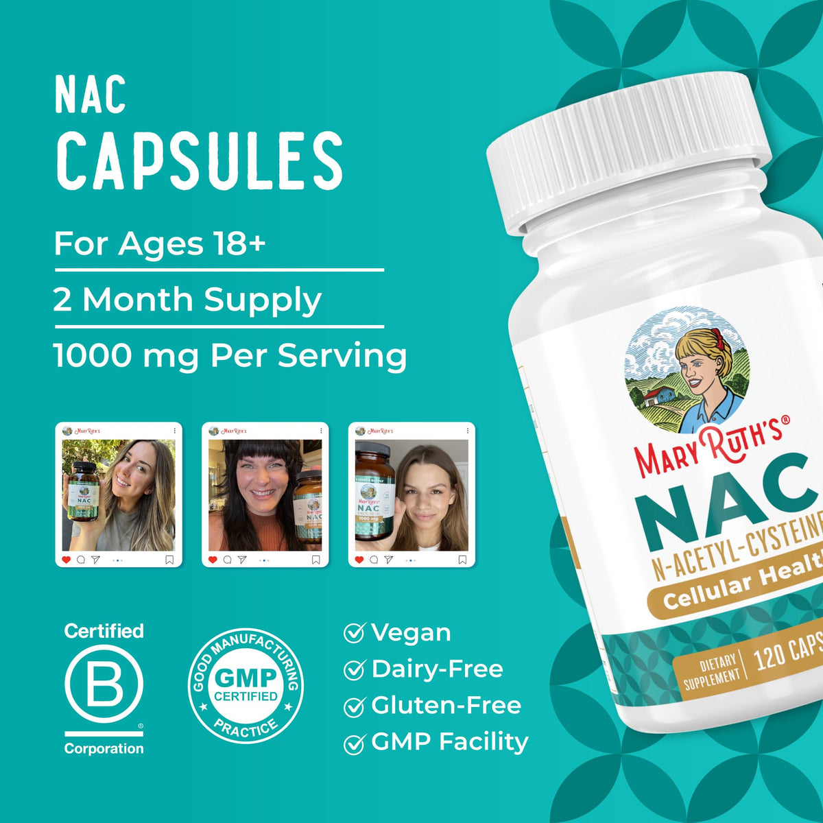 MARYRUTH'S Organics NAC Supplement N-Acetyl Cysteine | 2 Month Supply | NAC 1000mg per Serving | Vegan Capsules | Gluthamine Precursor | Amino Acid - FENGGESTORE20