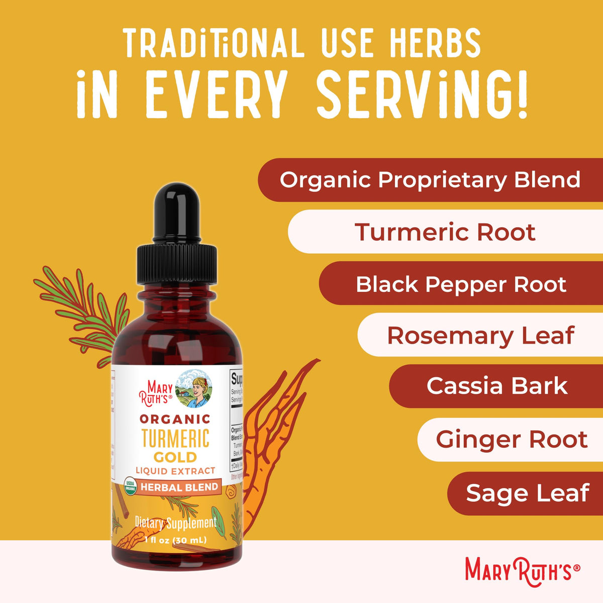MARYRUTH'S Organics USDA Turmeric Gold Liquid Drops | Herbal Blend | Turmeric Curcumin | Black Pepper | Cassia Cinnamon Bark | Ginger Root | Immune Support - FENGGESTORE20