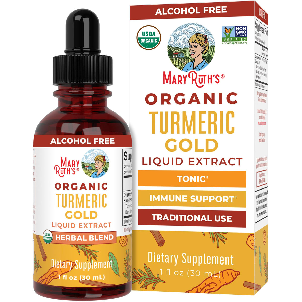 MARYRUTH'S Organics USDA Turmeric Gold Liquid Drops | Herbal Blend | Turmeric Curcumin | Black Pepper | Cassia Cinnamon Bark | Ginger Root | Immune Support - FENGGESTORE20