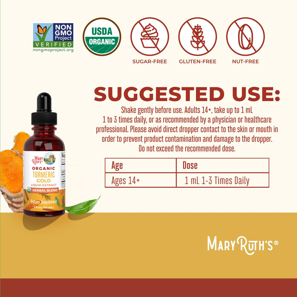 MARYRUTH'S Organics USDA Turmeric Gold Liquid Drops | Herbal Blend | Turmeric Curcumin | Black Pepper | Cassia Cinnamon Bark | Ginger Root | Immune Support - FENGGESTORE20