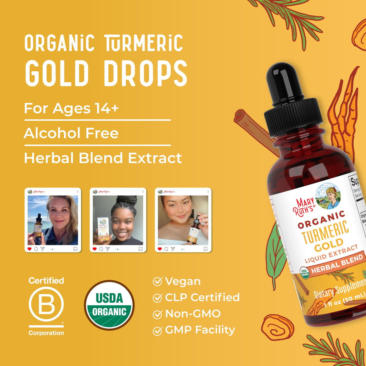 MARYRUTH'S Organics USDA Turmeric Gold Liquid Drops | Herbal Blend | Turmeric Curcumin | Black Pepper | Cassia Cinnamon Bark | Ginger Root | Immune Support - FENGGESTORE20